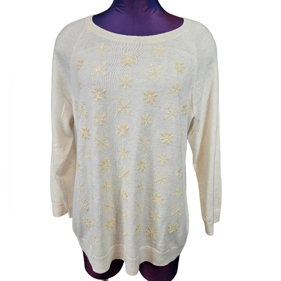 Talbots Cream Sequin Snowflake 3/4 Raglan‎ Sleeve Wool Sweater Size XL Women's - Picture 9 of 9